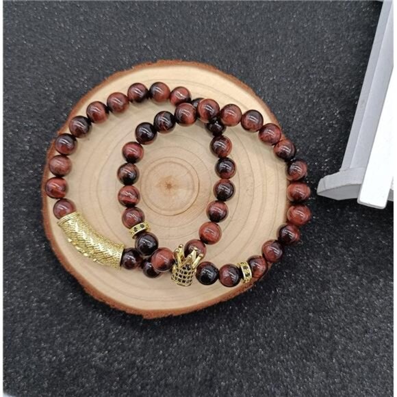 Mens Womens Crown King Bracelet Set Natural Tiger Eye Black Onyx Stone Beads - Picture 6 of 8